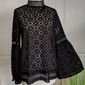 Cable & Gauge Bell Sleeve Mock Neck Lace Top